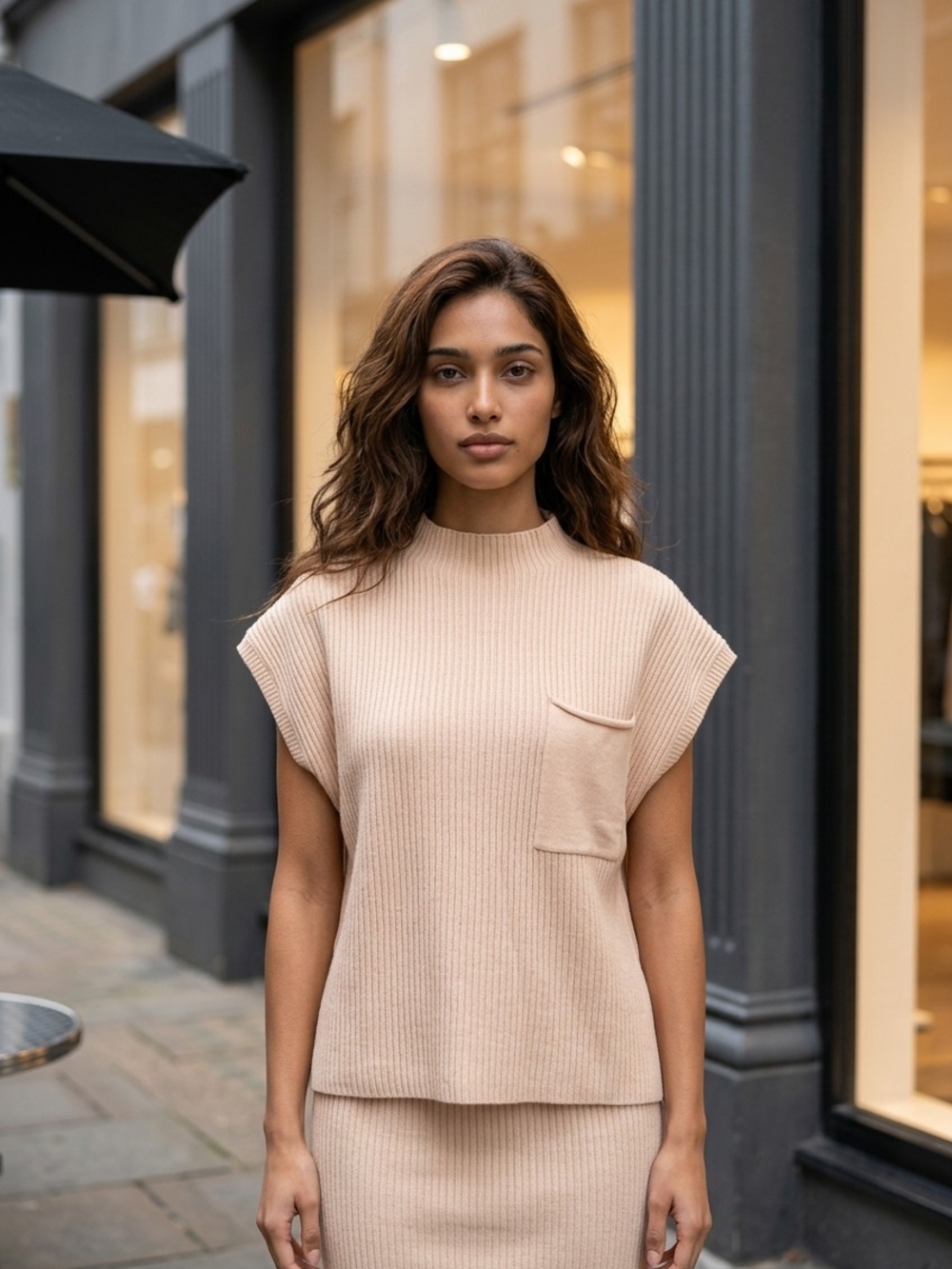 Sleeveless Rib-Knit Mock Neck Top in Beige